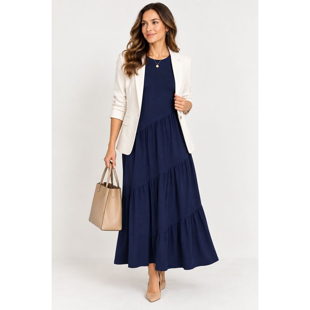 Ann Taylor Petite Dress XSP Navy Blue Tiered Maxi Short Sleeve Stretch Career